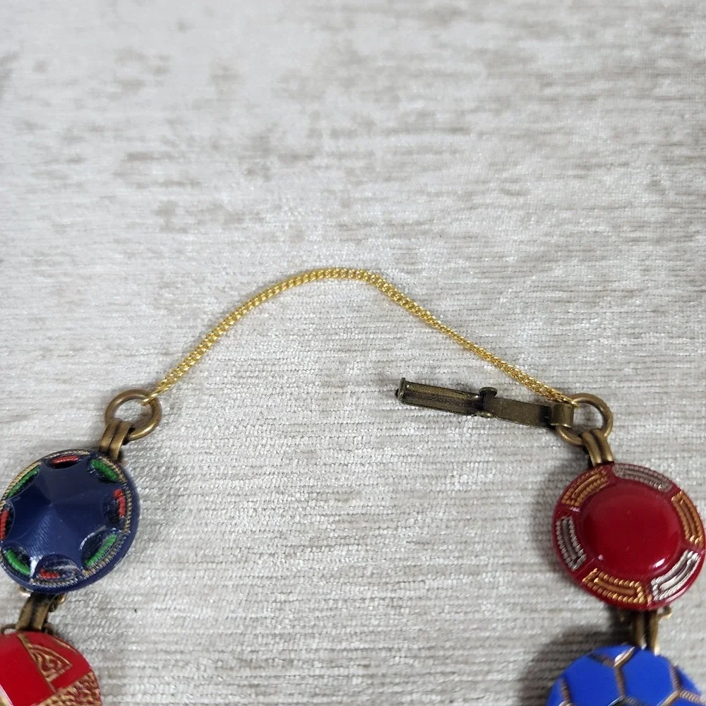 Vintage Colorful Glass Engraved Painted Gold Circle Bracelet 7.5